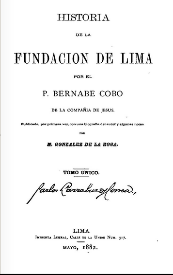 Historia de la fundación de Lima, de Bernabé Cobo