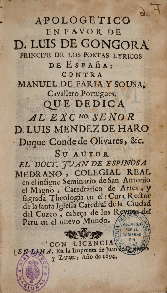 Apologético en favor de don Luis de Góngora,  de Juan de Espinosa Medrano (El Lunarejo)
