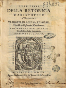 I tre libri della Retorica d’Aristotele, traducidos por Alessandro Piccolomini